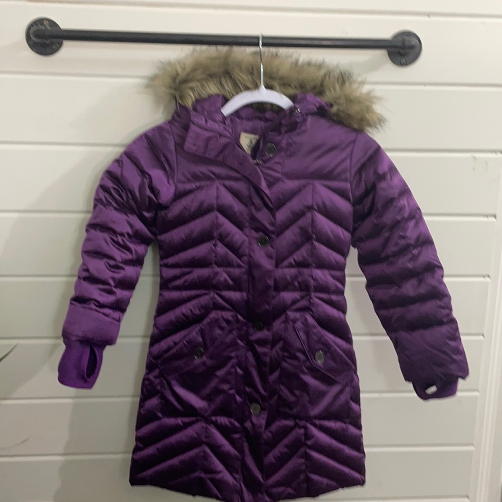 Land’s End purple work fur,  long winter puffer coat girls